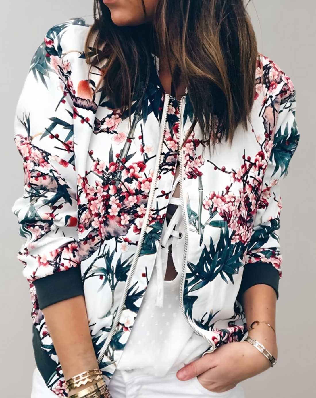 Women's floral bomber jacket for vibrant spring flair