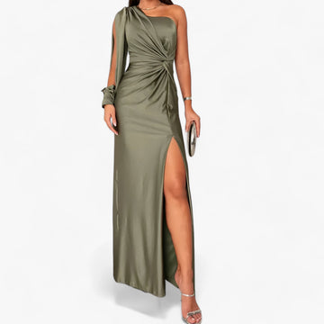 Women's Evening Gown - One-Shoulder Asymmetrical Neckline - Floor-Length Satin Finish