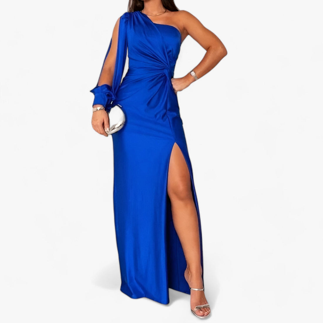 Women's Evening Gown - One-Shoulder Asymmetrical Neckline - Floor-Length Satin Finish