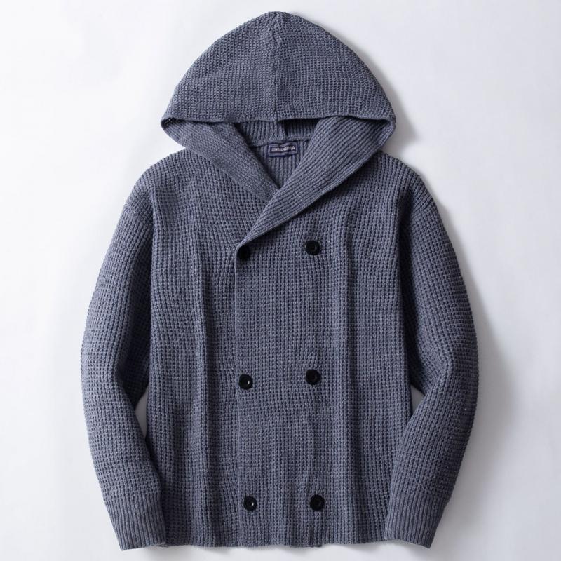 Men's grey knit cardigan with hood and pockets