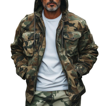 Mens casual hooded camouflage multi-pocket cargo jacket