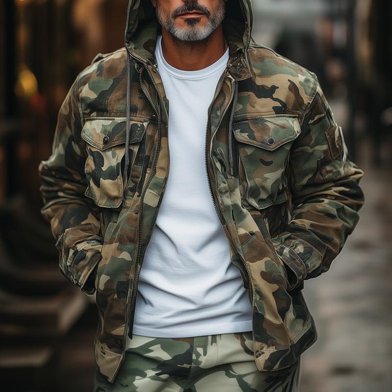 Mens casual hooded camouflage multi-pocket cargo jacket