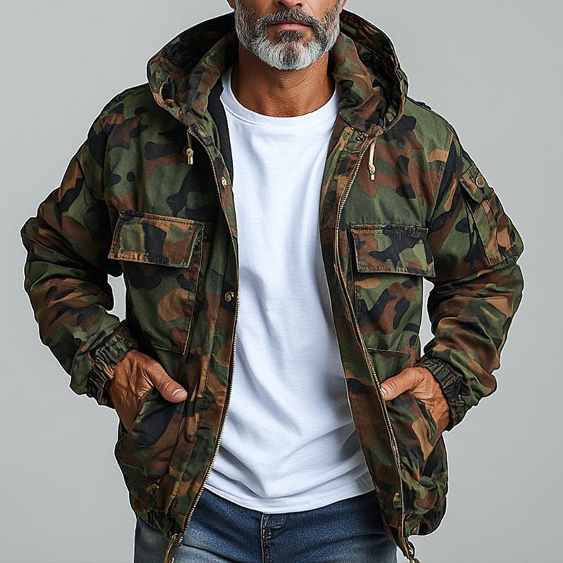 Men's camouflage hooded multi-pocket jacket