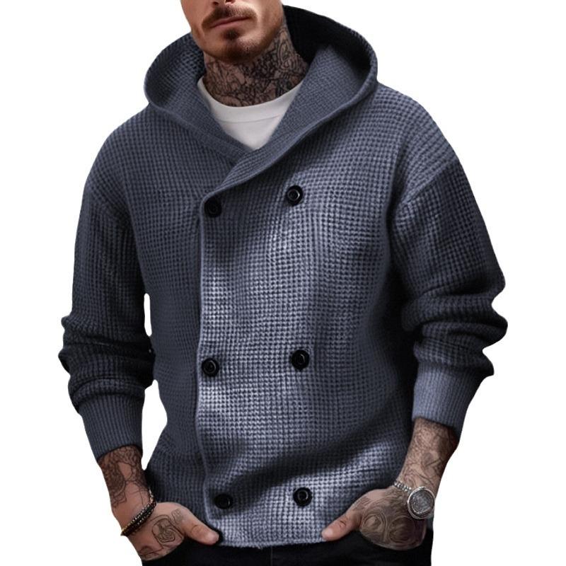 Men's grey knit cardigan with hood and pockets