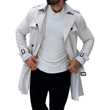 Classic single-breasted beige trench coat with belt