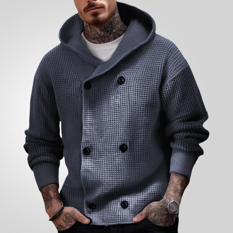 Men's grey knit cardigan with hood and pockets