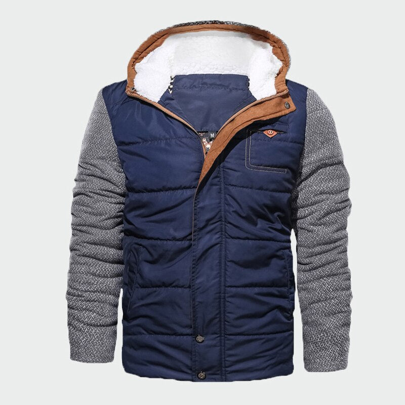 Men's puffer winter coat with knit sleeves and detachable hood