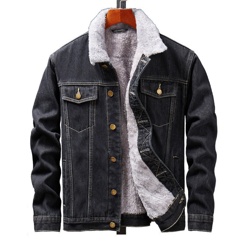 Black warm denim jacket for men