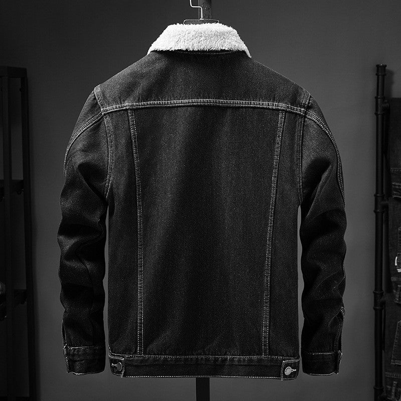 Black warm denim jacket for men