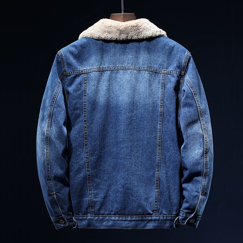 Men's distressed winter denim jacket with sherpa lining