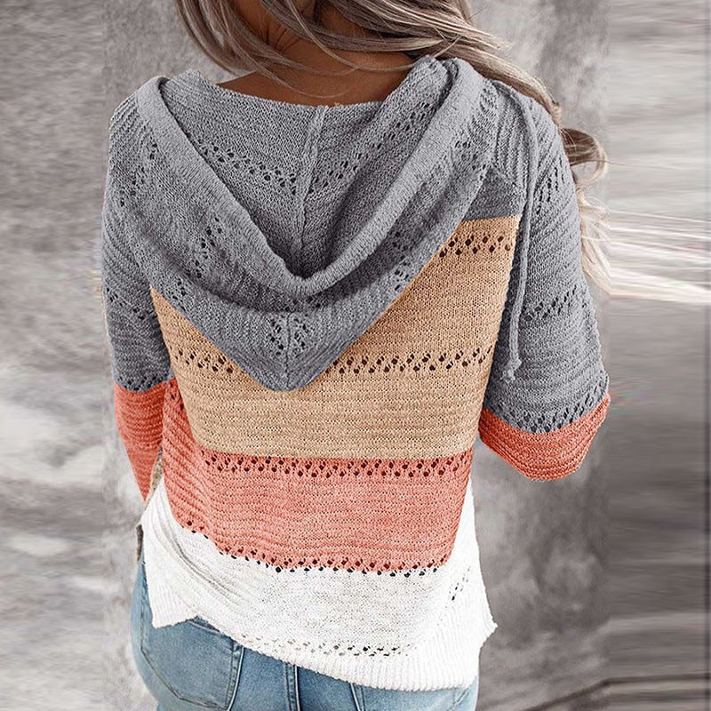 Women's casual striped knit hoodie for cozy comfort