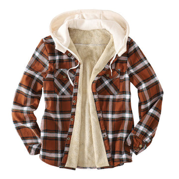 Men's plaid hooded flannel jacket with sherpa lining