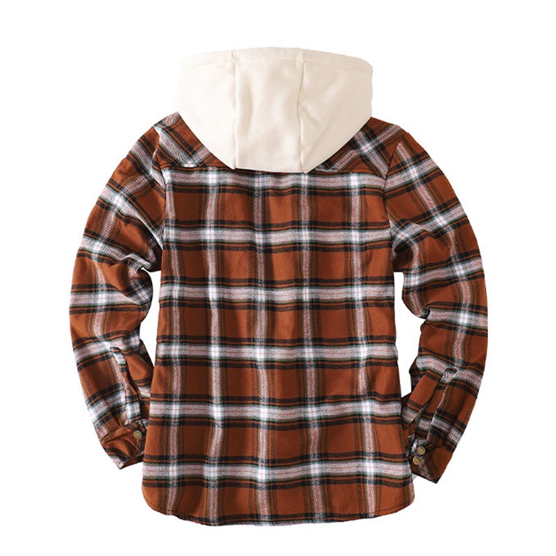 Men's plaid hooded flannel jacket with sherpa lining