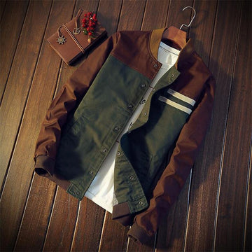 Men's brown and green color block bomber jacket with stripes