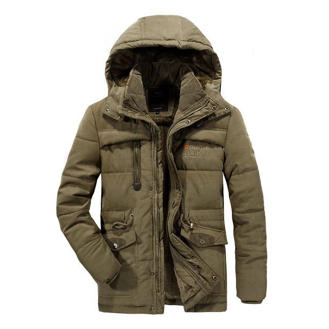 Men's outdoor winter jacket with detachable hood and pockets