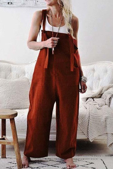 Women’s Jumpsuit – Relaxed Fit – Wide Leg – Adjustable Straps – Cotton Blend – Pockets