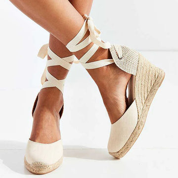 Sophisticated Wedge Espadrille Sandals with Ankle Tie Wraps and Knitted Heel Detail