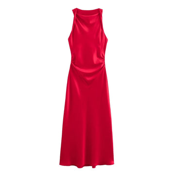 Elegant Women's Dress - Round Neck - Sleeveless - Satin Texture - Evening Wear