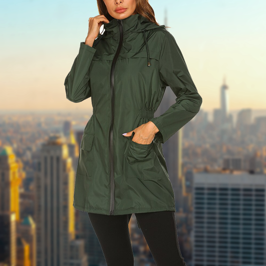 Hooded raincoat with adjustable hood for women