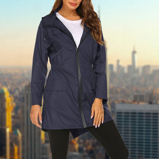 Hooded raincoat with adjustable hood for women