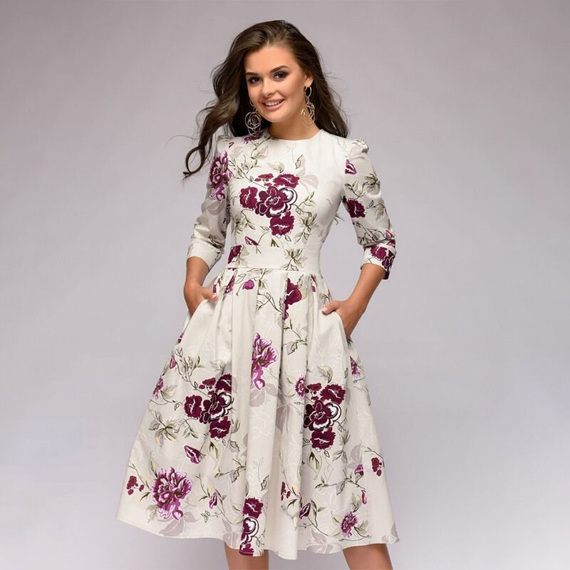 Women's Floral Midi Dress with Pockets