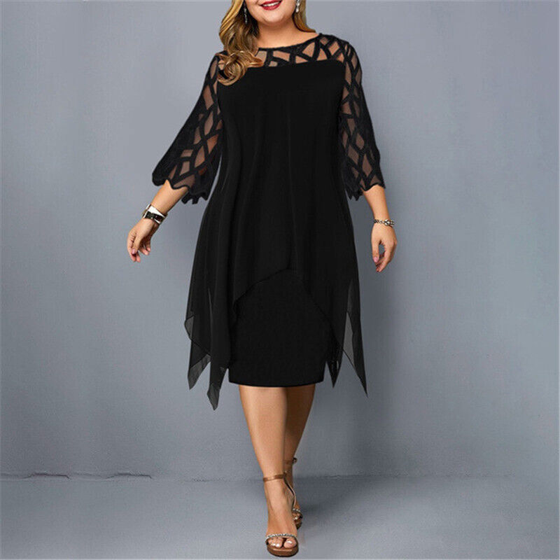 Asymmetrical Layered Midi Dress with Sheer Sleeves for Women