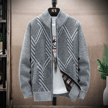 Stylish men's casual geometric cardigan with stand collar