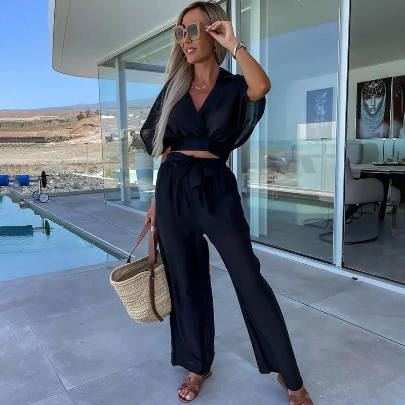 Women's Two-Piece Set - V-Neck Collared Crop Top & High-Waist Wide-Leg Pants