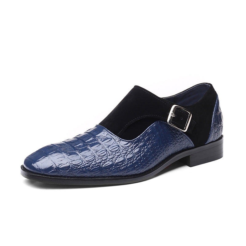 Men’s Dress Shoes - Leather Croc Embossed - Monk Strap with Metal Buckle - Formal Wear