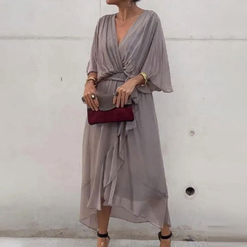 Women's Wrap Dress - Deep V-Neck - Flowy Wide Sleeves - Asymmetrical Hem Elegant Fit