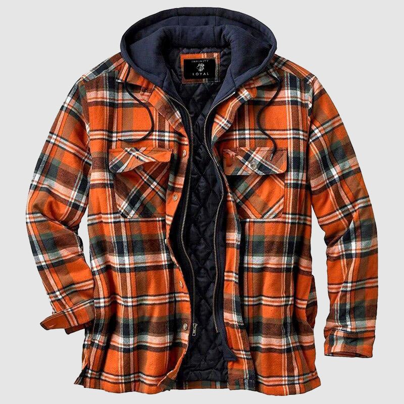 Men's quilted plaid flannel jacket with hood