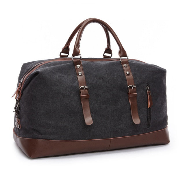 Canvas duffel travel bag with leather accents