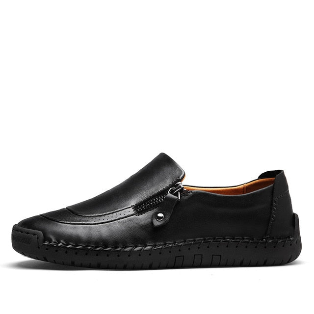 Men's black leather slip-on shoes with zipper