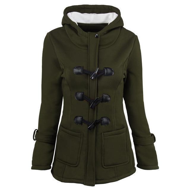 Casual women's gothic winter coat with patch pockets and horn buckle design