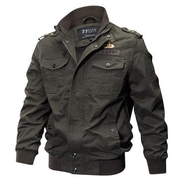 Men's military-style leather jacket with stand collar and long sleeves