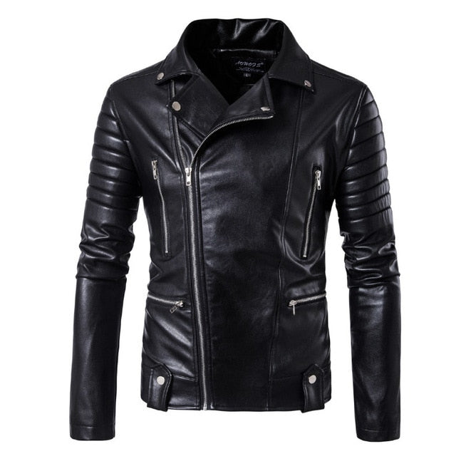 Men's leather motorcycle jacket with multi pockets