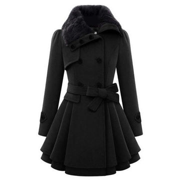 Women's Wool Coat - Double-Breasted - Fur Collar - Belted A-Line Silhouette