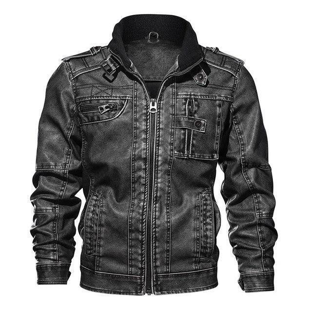 Men's washed faded leather motorcycle jacket with stand collar