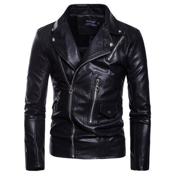 Men's black leather jacket with asymmetrical zipper