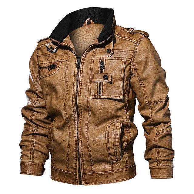 Men's washed faded leather motorcycle jacket with stand collar