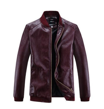 Men's bomber leather jacket with ribbed cuffs and zipper closure