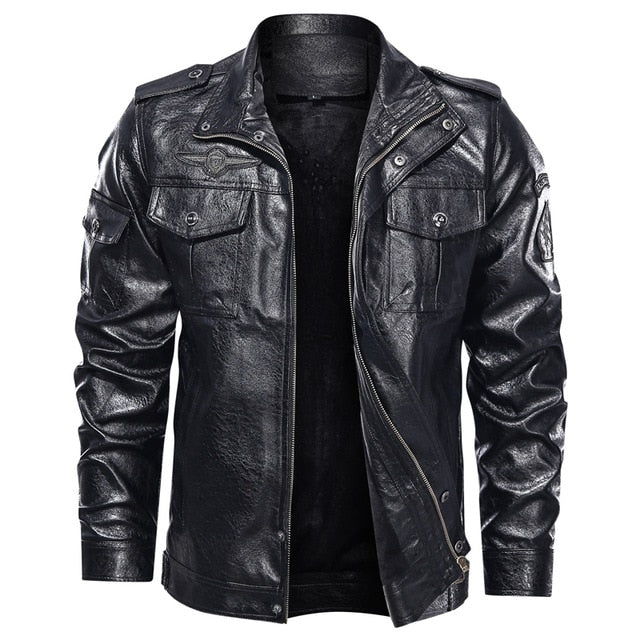 Men's rugged leather jacket with multiple pockets