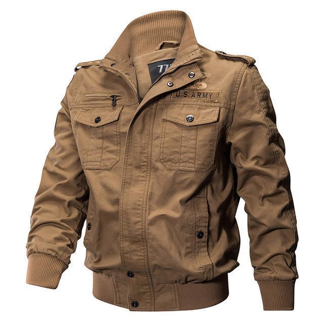 Men's military-style leather jacket with stand collar and long sleeves