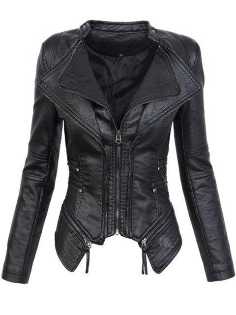 Women's asymmetrical motorcycle leather jacket with zipper closure