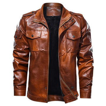 Men's rugged leather jacket with multiple pockets