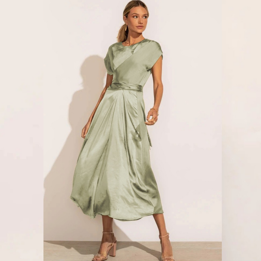 Women's Midi Dress - Fitted Waist - Pleated Elegant Silhouette - Short Puff Sleeves