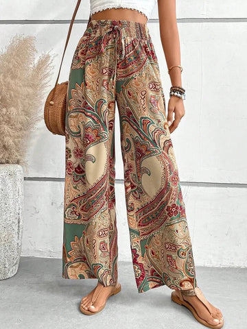 Women's versatile printed wide-leg pants with elastic waist