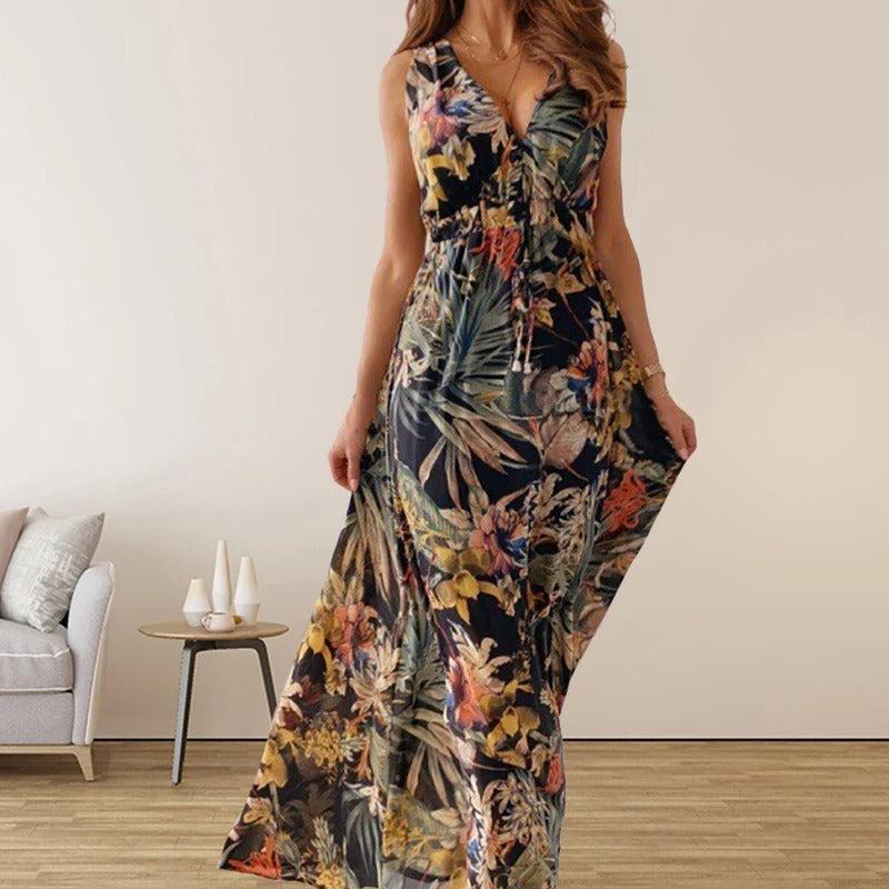 Women's Maxi Dress - Sleeveless V-Neck - Flowy Botanical Print - Elegant Casual Wear