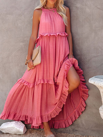 Women's Maxi Dress - Sleeveless Halter Neck - Ruffled Tiered Flowy Design