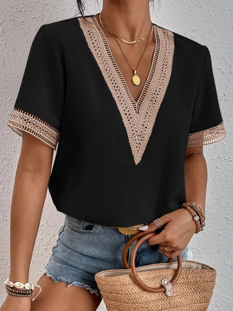 Women's lace-trim V-neck blouse for a touch of elegance